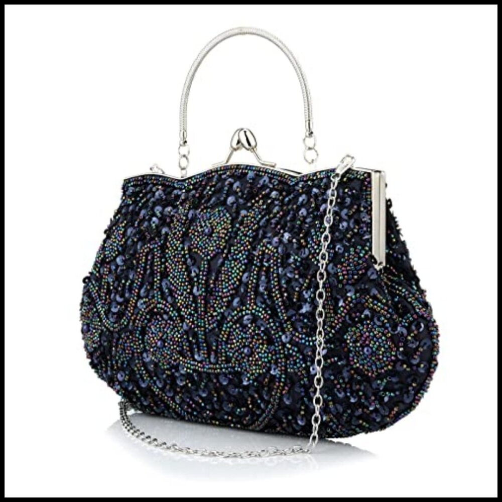 Elegant Beaded Sequin Floral Clutch Bag Detachable Wristlet Evening Purse - Picture 3 of 7